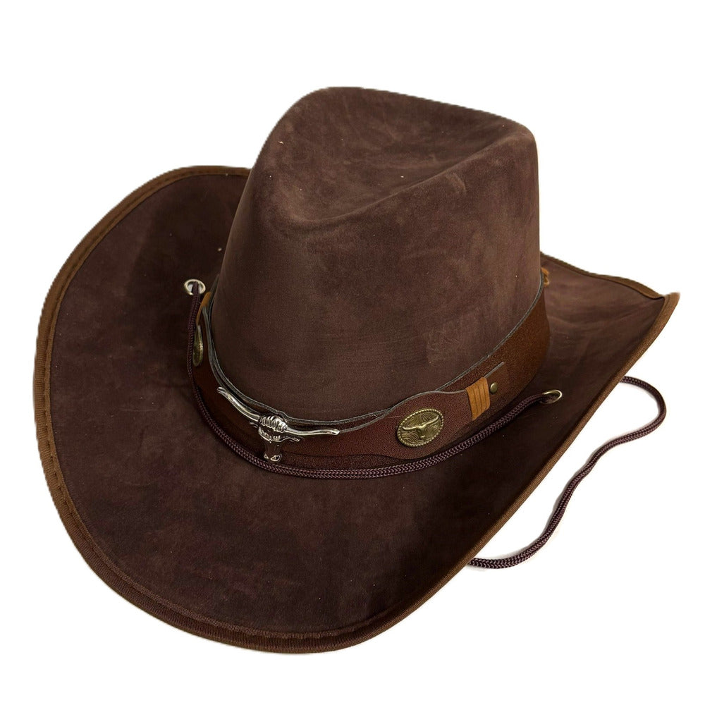 Brown Bull Cowboy Hat Western Style Faux Leather Fancy Dress Rodeo Party Costume