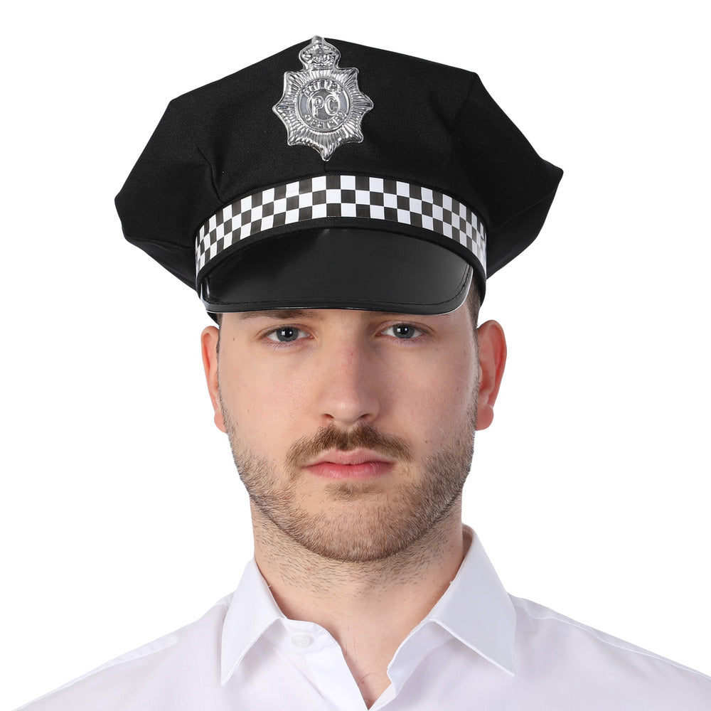 Deluxe Police Hat Black Checkered Cop Officer Unisex Fancy Dress Halloween Accessory