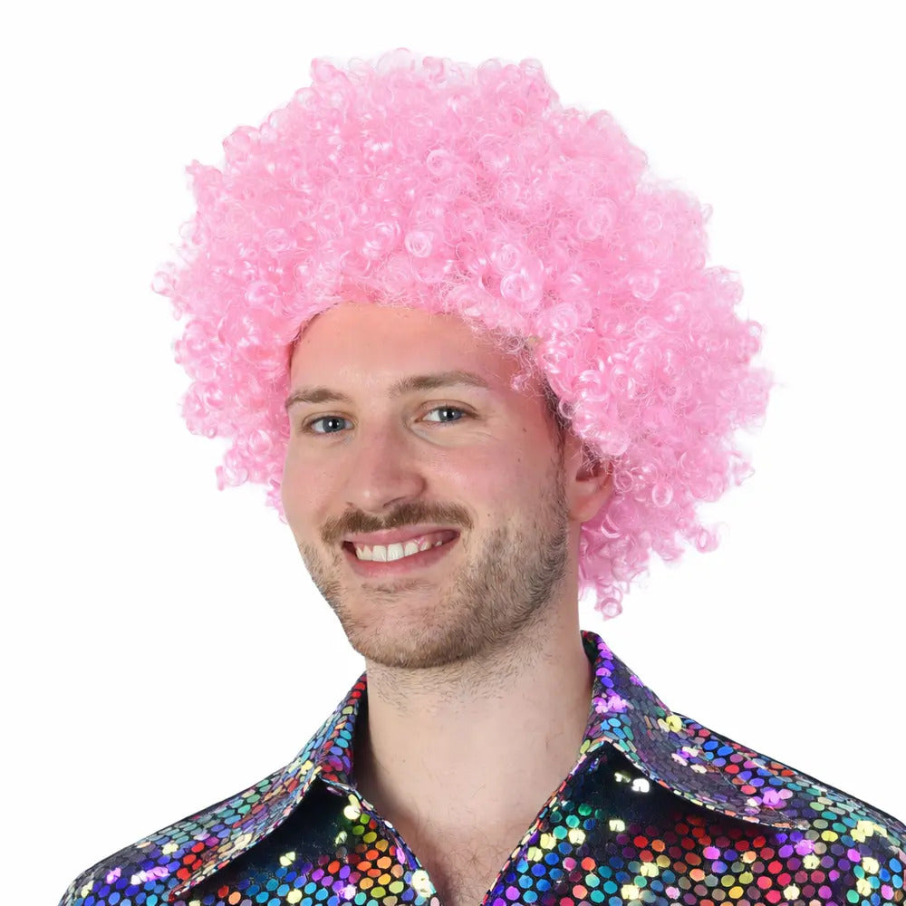Baby Pink Afro Wig Curly Fancy Dress Disco Party Costume Unisex Festival Clown Wig