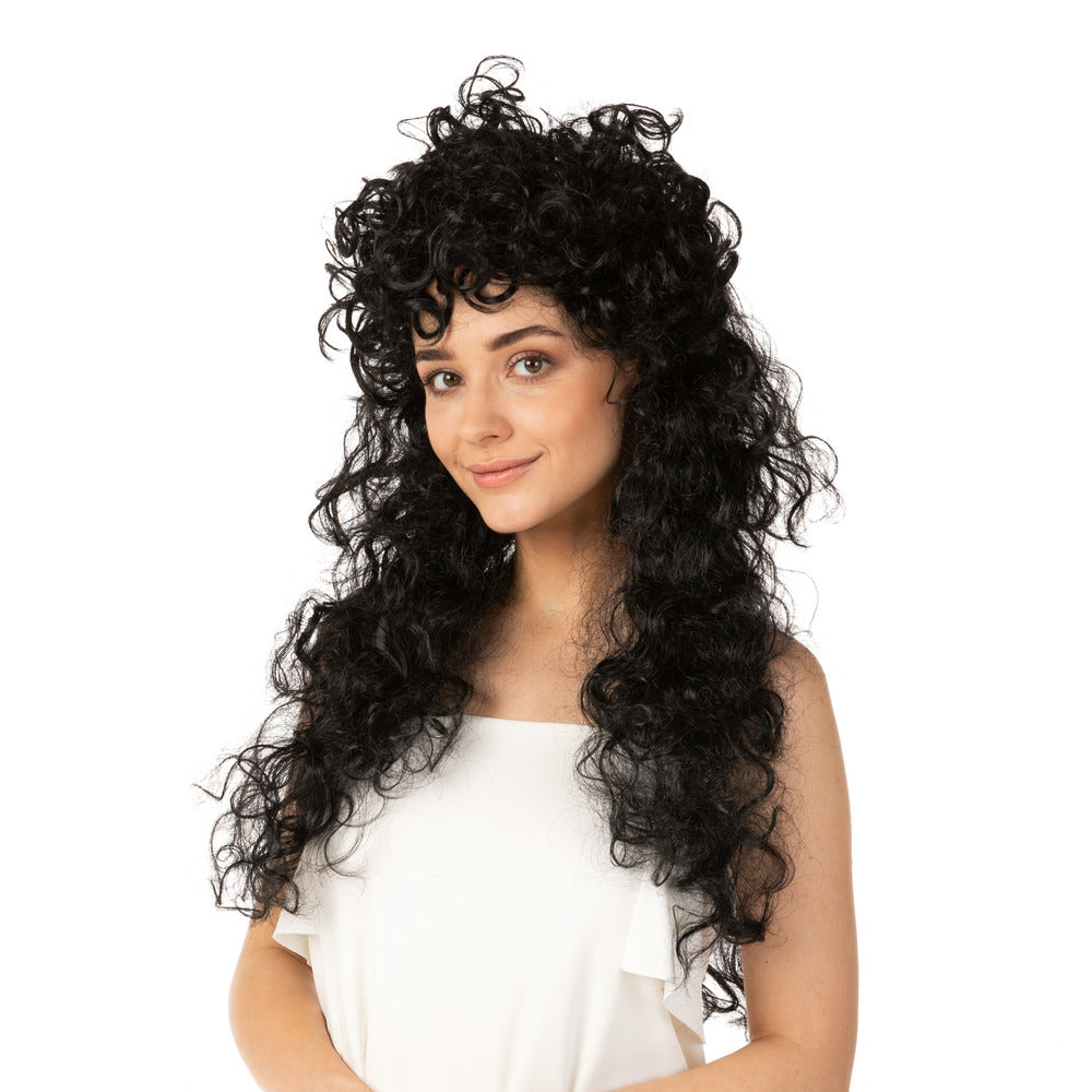 Curly Black Wig Long 80s Glam Rock Pop Star Fancy Dress Party Costume Hair