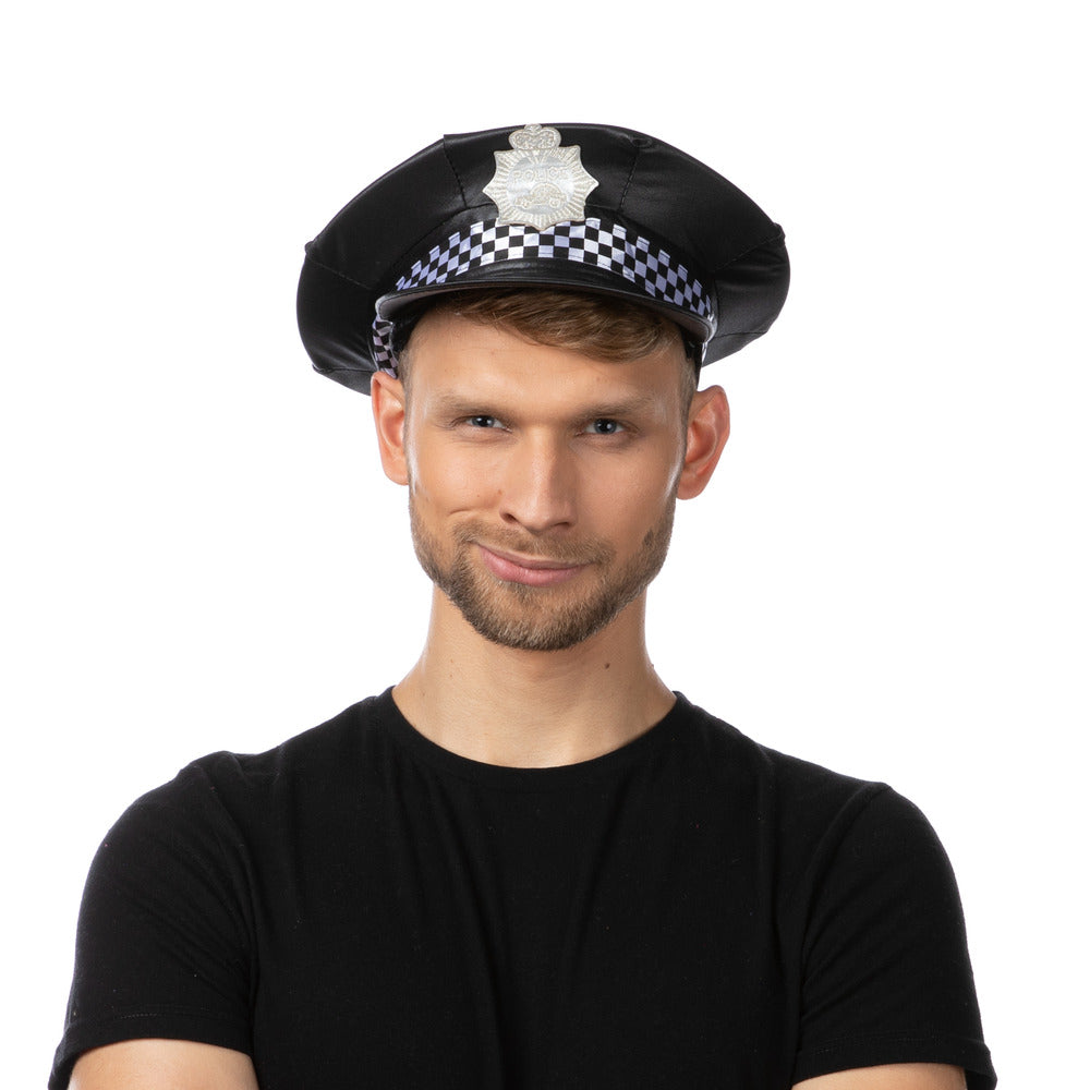 UK Checkered Police Hat Black Cop Officer Unisex Fancy Dress Costume Accessory