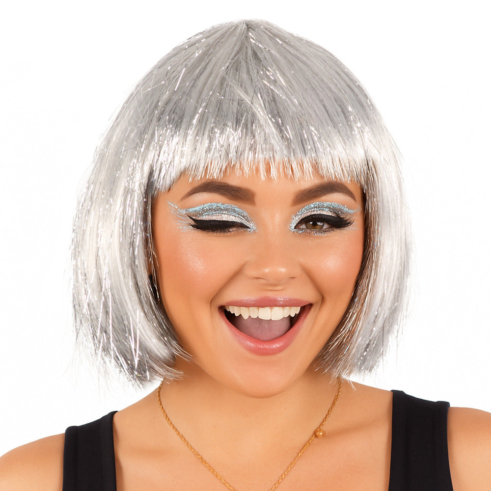 Metallic Silver Short Bob Wig with Fringe Fancy Dress Cosplay Party Costume Wig