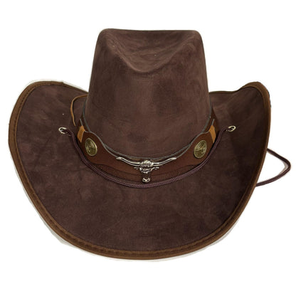 Brown Bull Cowboy Hat Western Style Faux Leather Fancy Dress Rodeo Party Costume