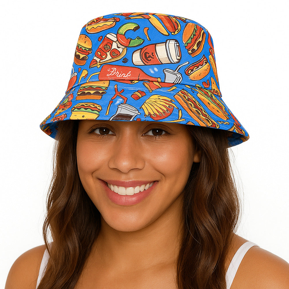 Blue Junk Food Bucket Hat Retro Summer Festival Unisex Fun Fancy Dress Accessory