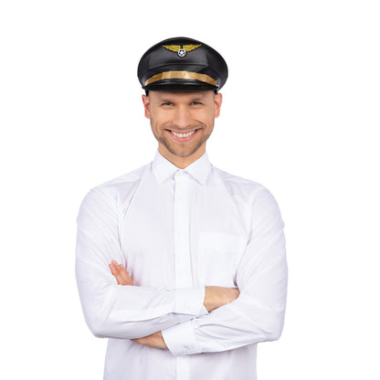 Captain Pilot Hat Airline Captain Fancy Dress Accessory Black Gold Aviator Costume