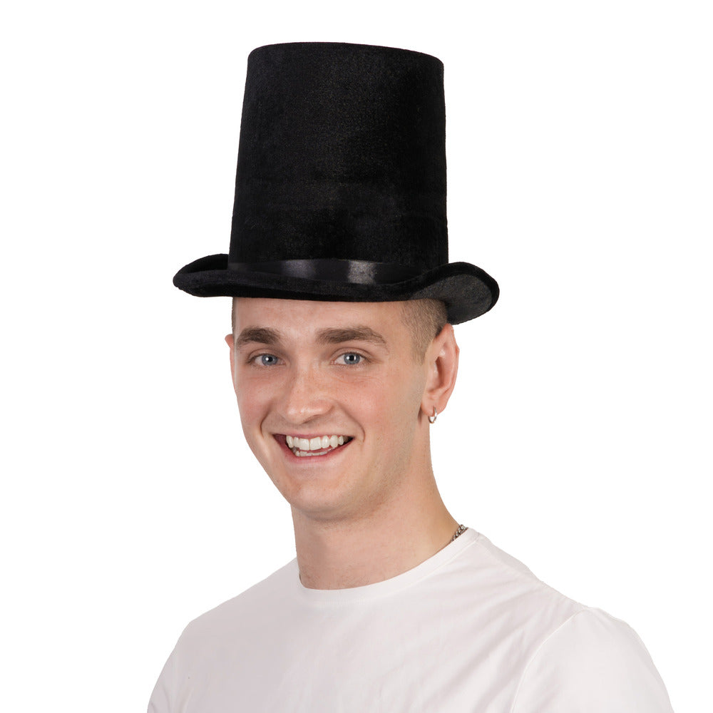 Black Deluxe Top Hat Velvet Look Victorian Steampunk Magician Fancy Dress