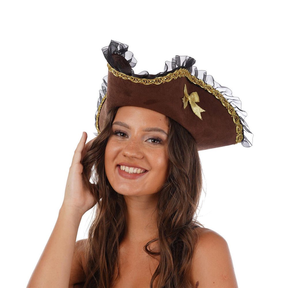 Deluxe Brown Pirate Hat Tricorn Captain Fancy Dress Buccaneer Costume Accessory
