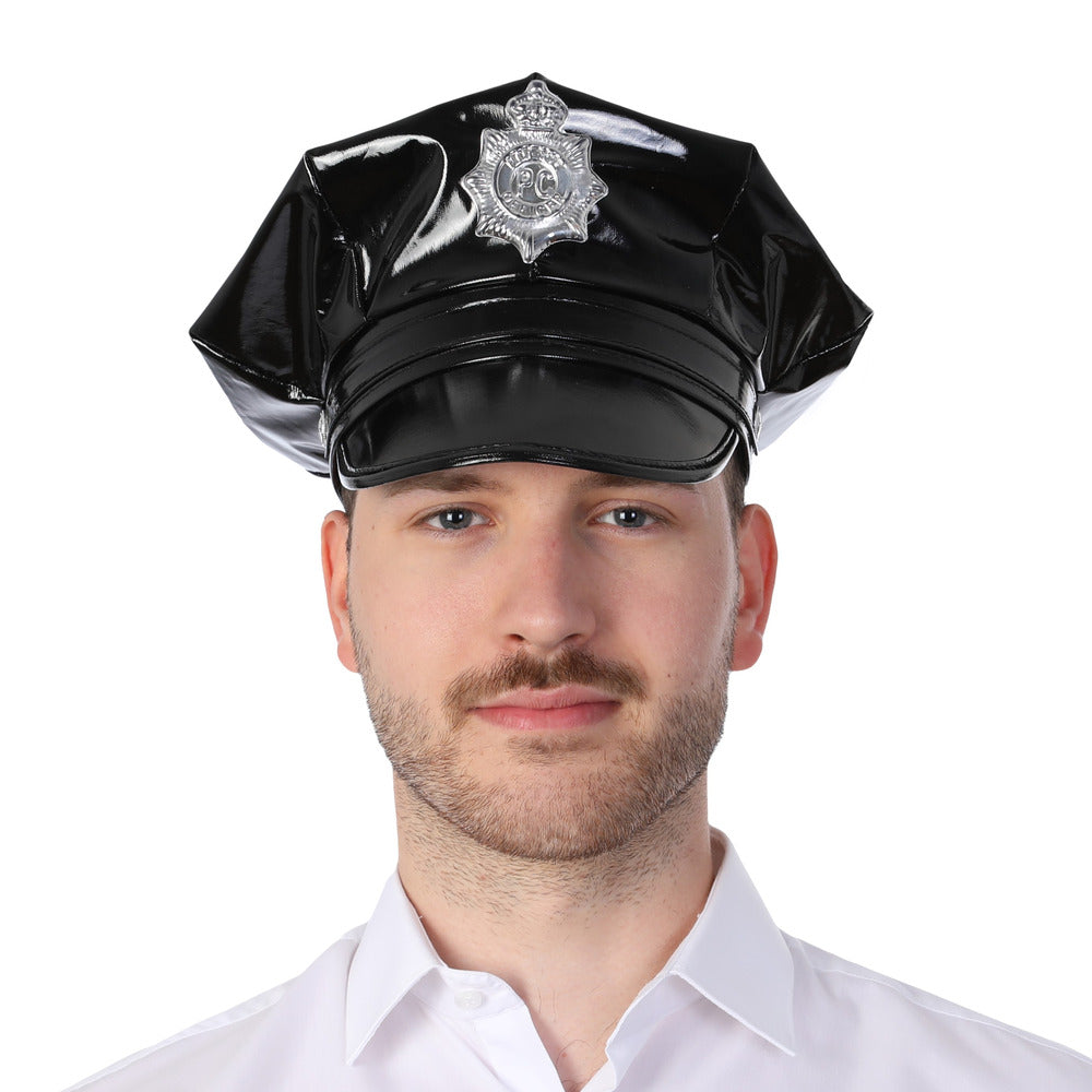 Leather Look Police Hat Black Cop Officer Unisex Fancy Dress Costume Accessory