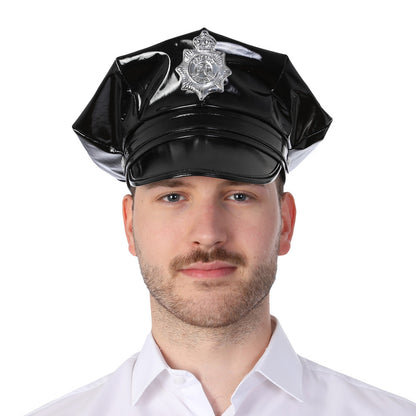 Leather Look Police Hat Black Cop Officer Unisex Fancy Dress Costume Accessory