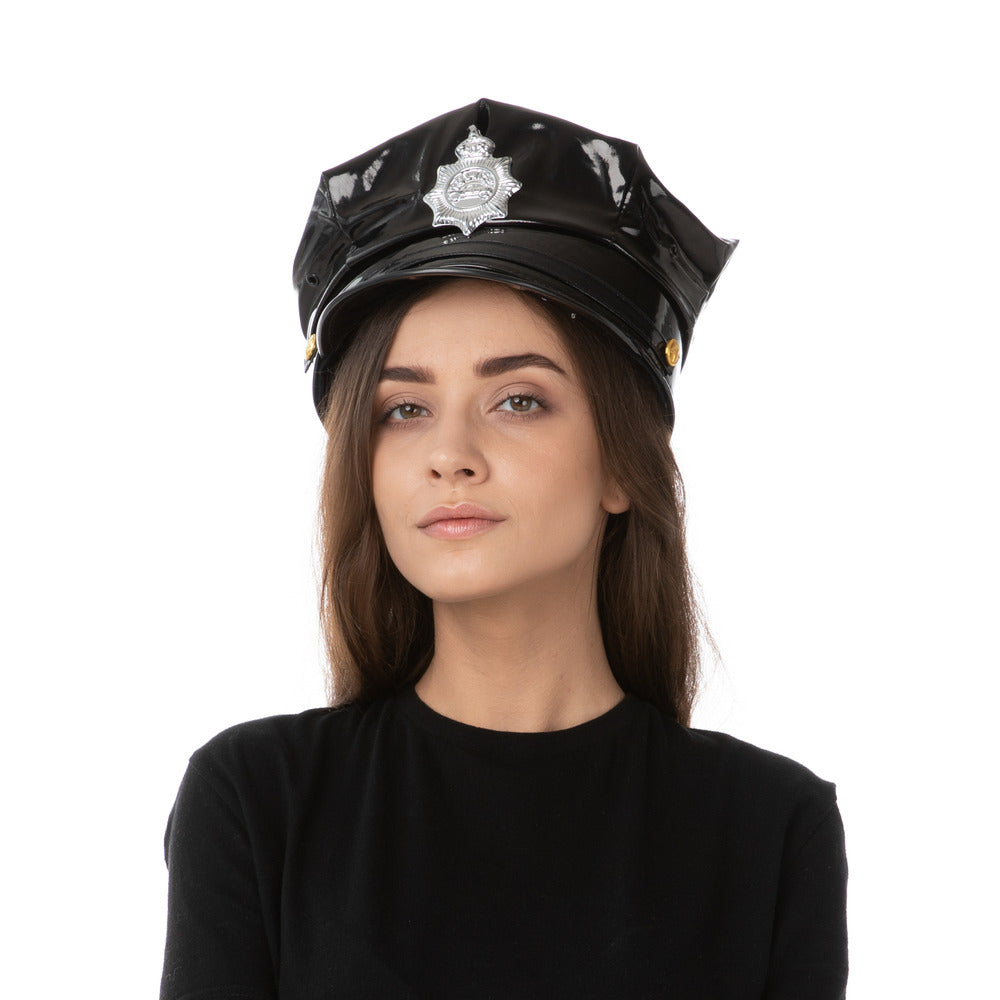 Leather Look Police Hat Black Cop Officer Unisex Fancy Dress Costume Accessory
