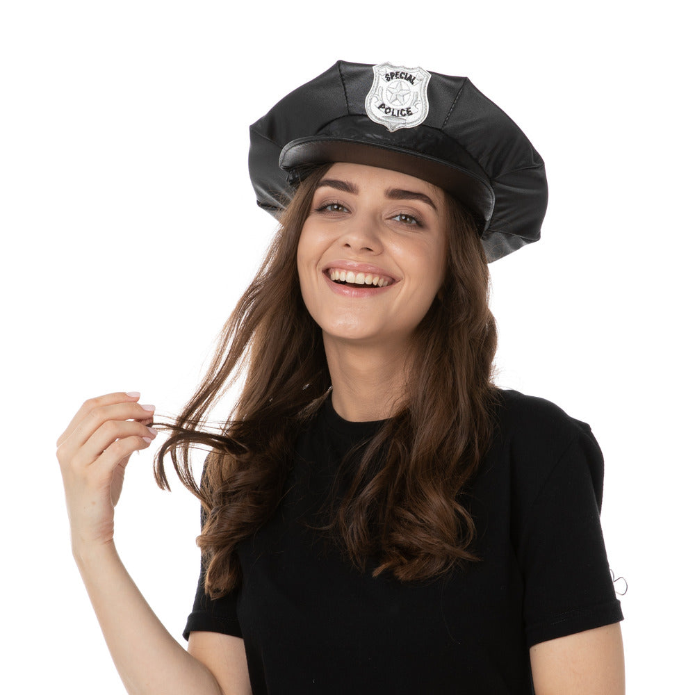 Special Police Hat Black Cop Officer Unisex Fancy Dress Halloween Costume Accessory