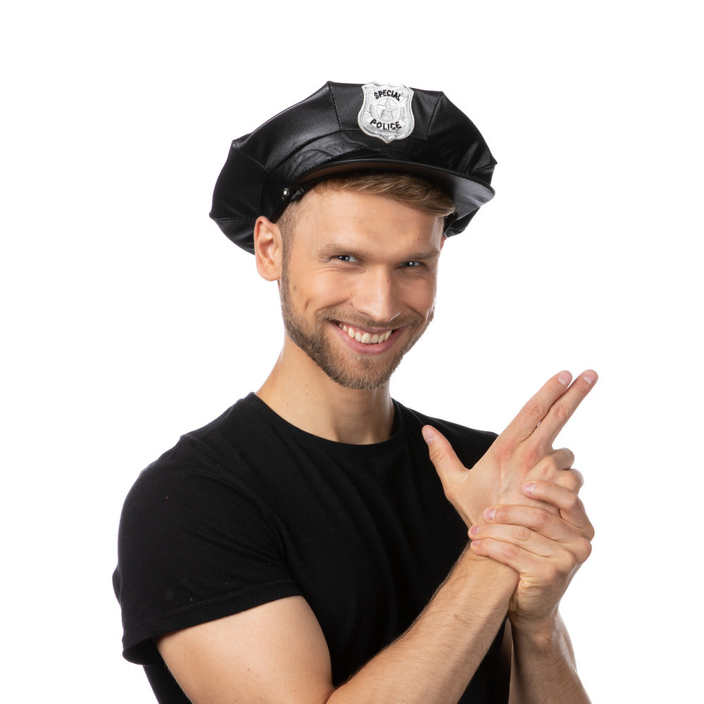 Special Police Hat Black Cop Officer Unisex Fancy Dress Halloween Costume Accessory
