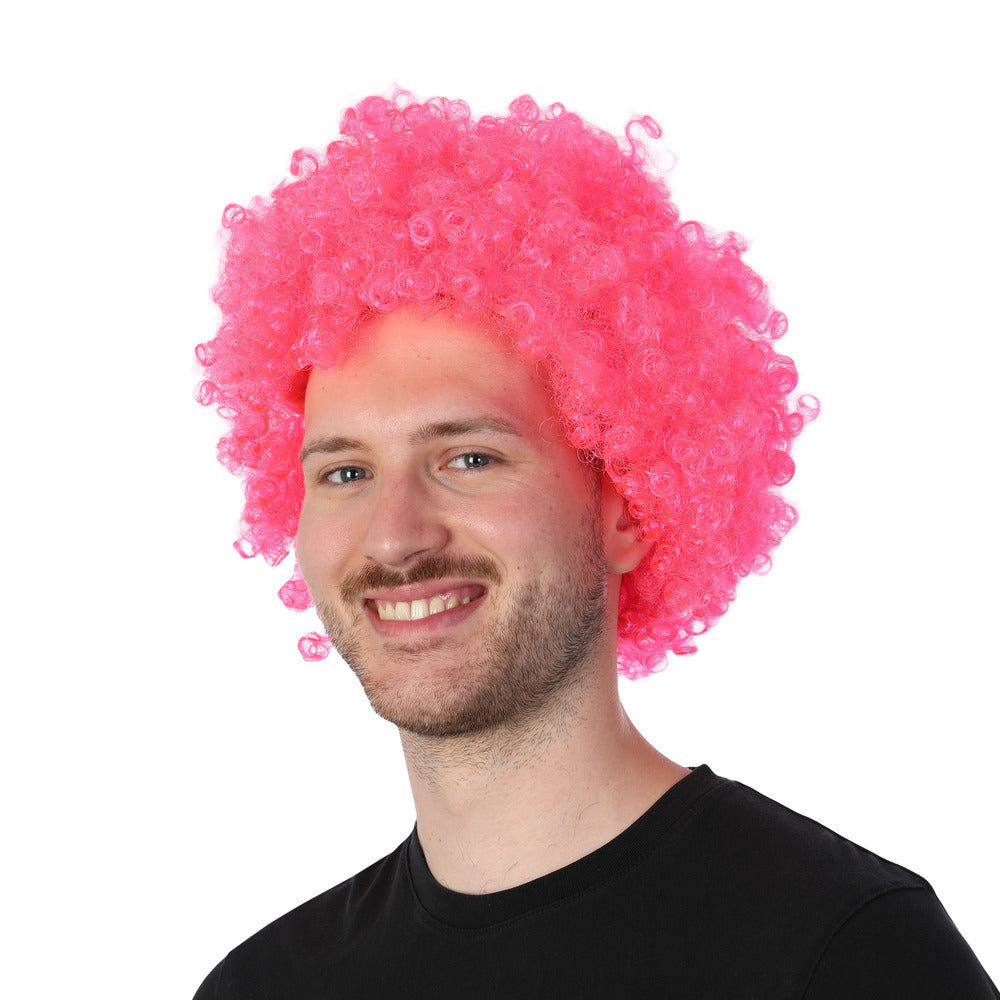 Bright Pink Afro Wig Funny Curly Fancy Dress Party Costume Unisex Clown Wig