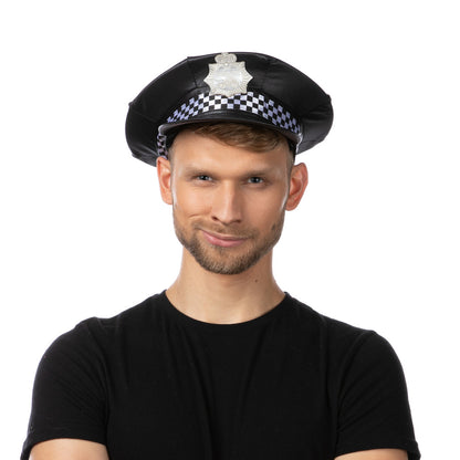 UK Checkered Police Hat Black Cop Officer Unisex Fancy Dress Costume Accessory