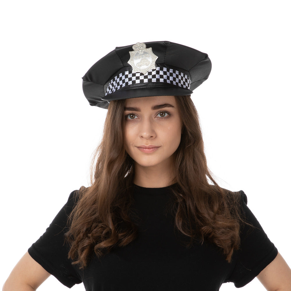 UK Checkered Police Hat Black Cop Officer Unisex Fancy Dress Costume Accessory