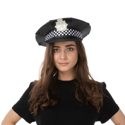 UK Checkered Police Hat Black Cop Officer Unisex Fancy Dress Costume Accessory