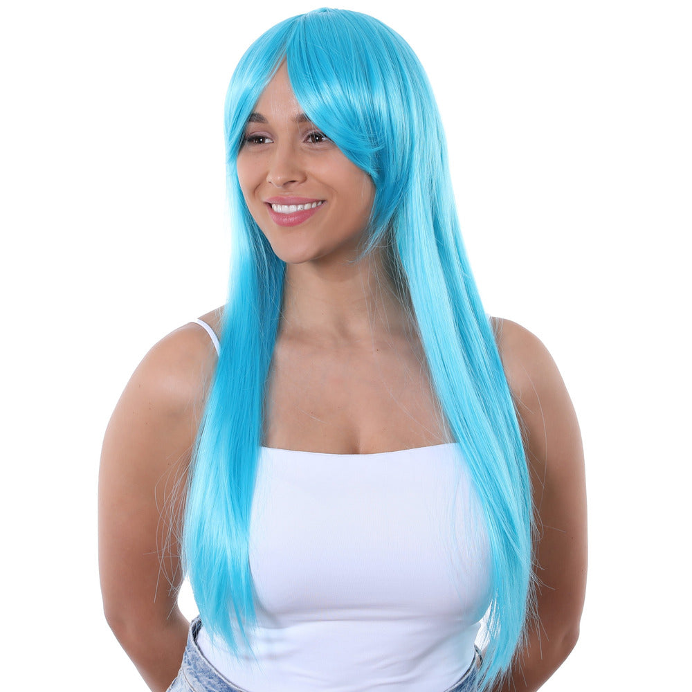 Vibrant Neon Blue Long Straight Wig Fancy Dress Cosplay Costume Party Hair