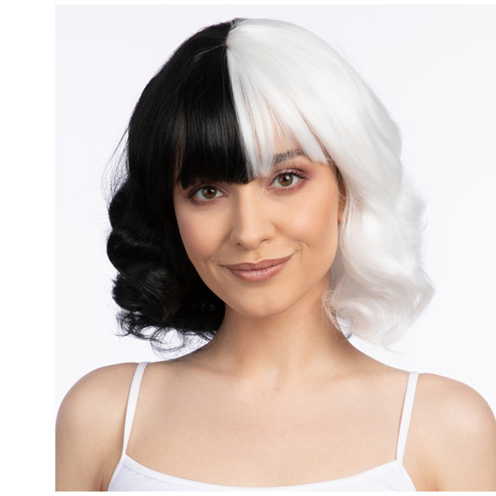 Devilla Wig Black White Half Heat Resistant Fancy Dress Halloween Cosplay Hair