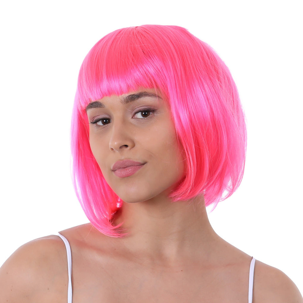 Neon Pink Short Bob Wig with Fringe Fancy Dress Cosplay Party Costume Wig